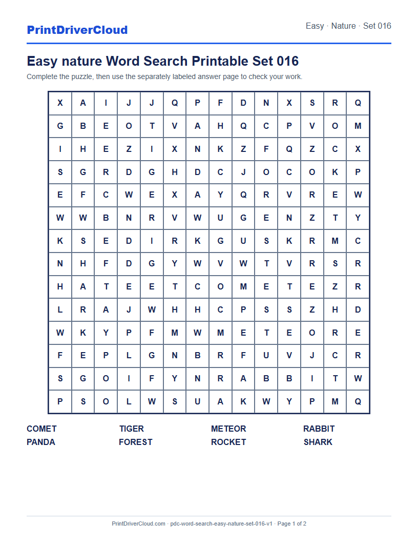 Preview of Easy nature Word Search Printable Set 016