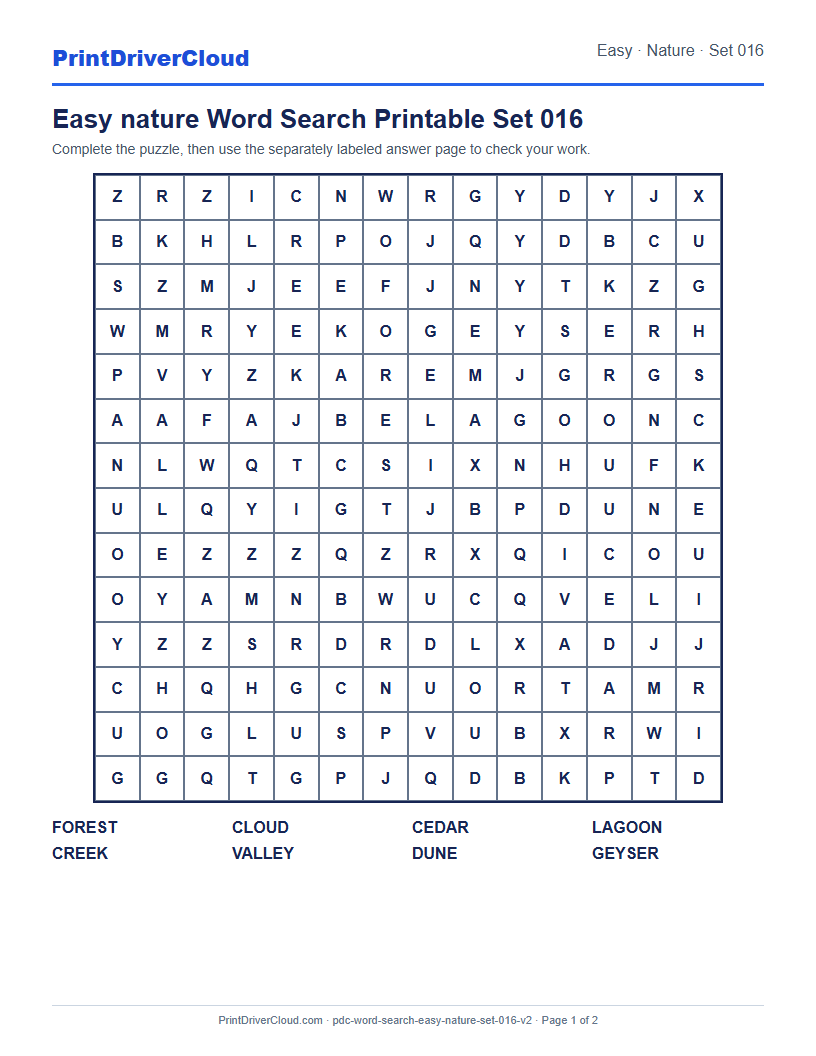 Easy Nature Word Search Printable Set 016 preview