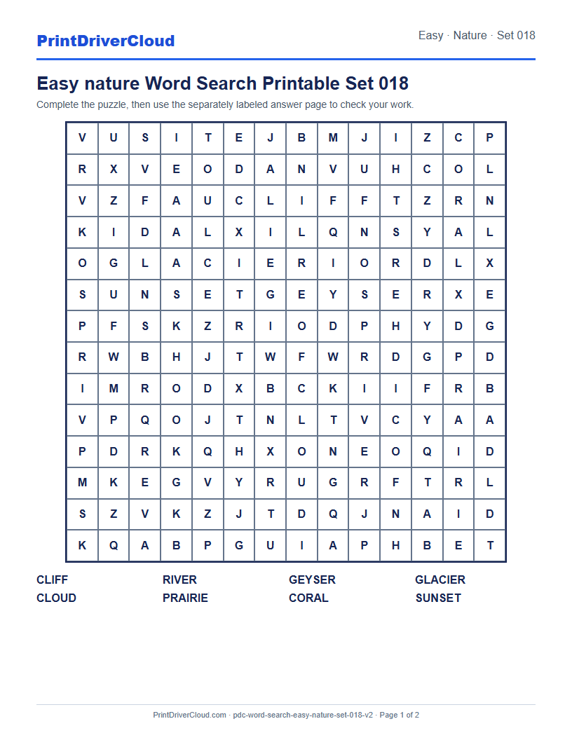 Easy Nature Word Search Printable Set 018 preview