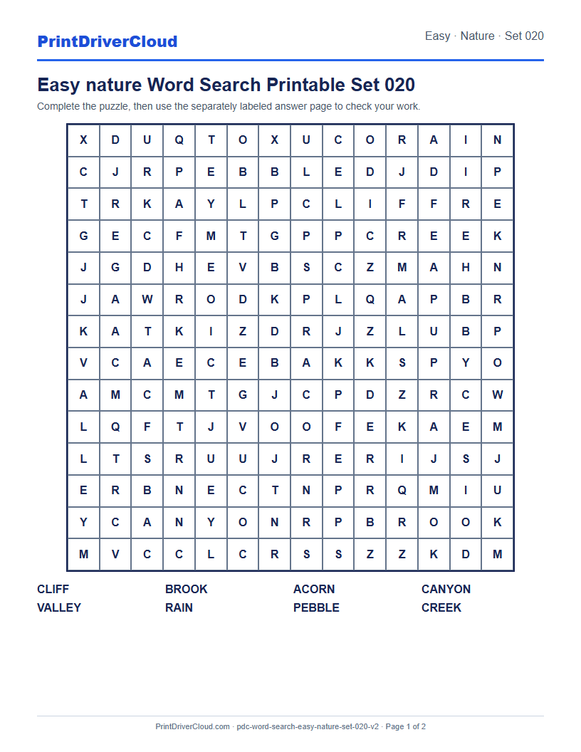 Easy Nature Word Search Printable Set 020 preview