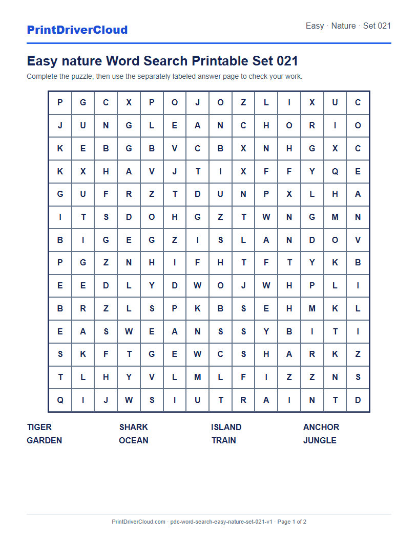 Preview of Easy nature Word Search Printable Set 021