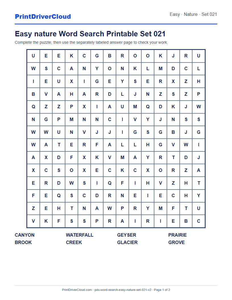Easy Nature Word Search Printable Set 021 preview