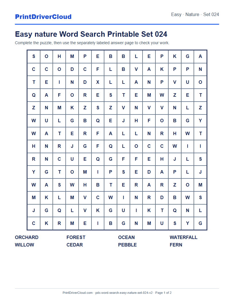 Easy Nature Word Search Printable Set 024 preview