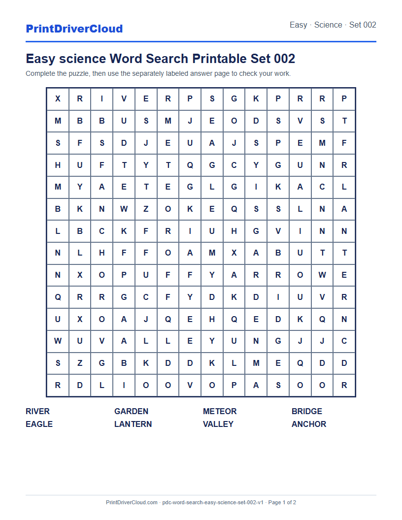 Preview of Easy science Word Search Printable Set 002