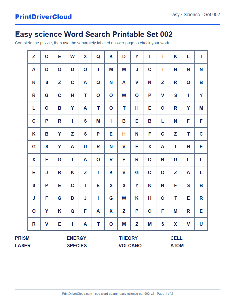 Easy Science Word Search Printable Set 002 preview