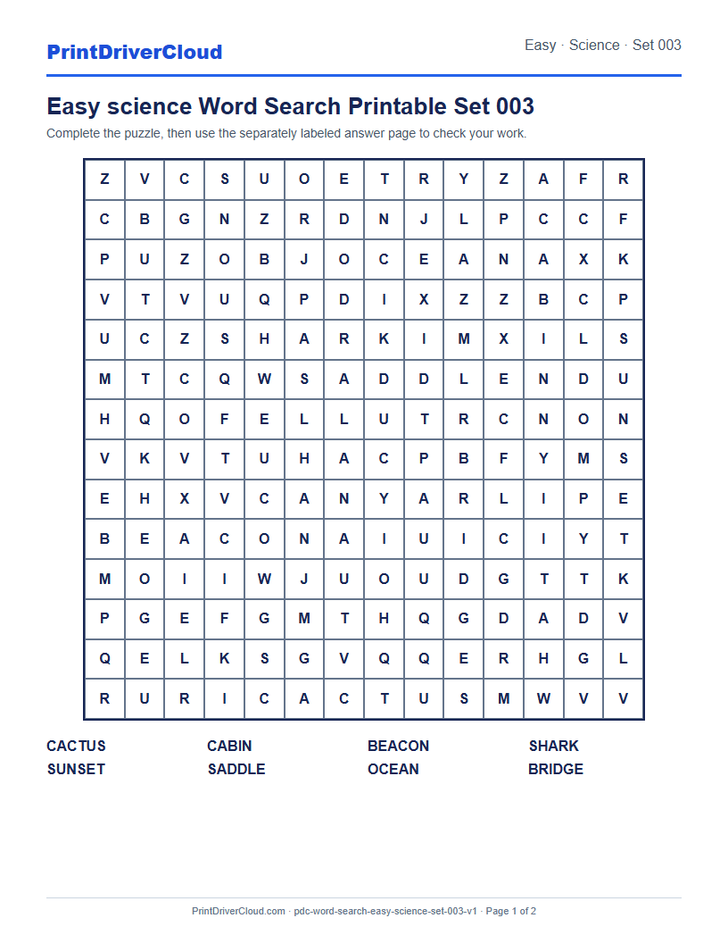 Preview of Easy science Word Search Printable Set 003