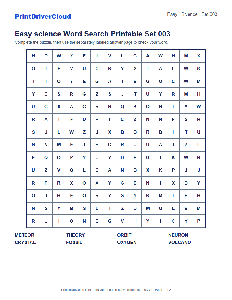 Easy Science Word Search Printable Set 003 preview