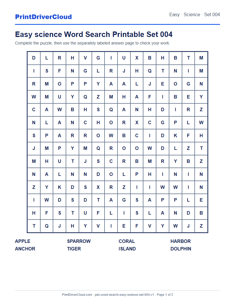 Preview of Easy science Word Search Printable Set 004