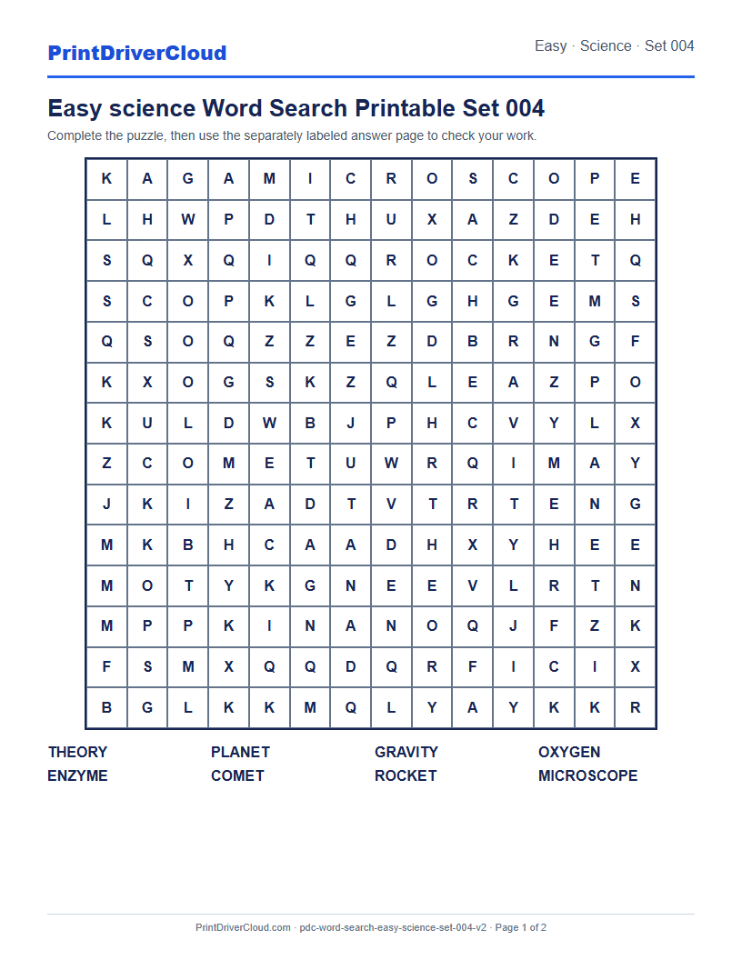 Easy Science Word Search Printable Set 004 preview