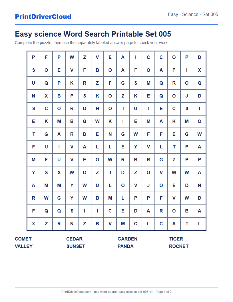 Preview of Easy science Word Search Printable Set 005