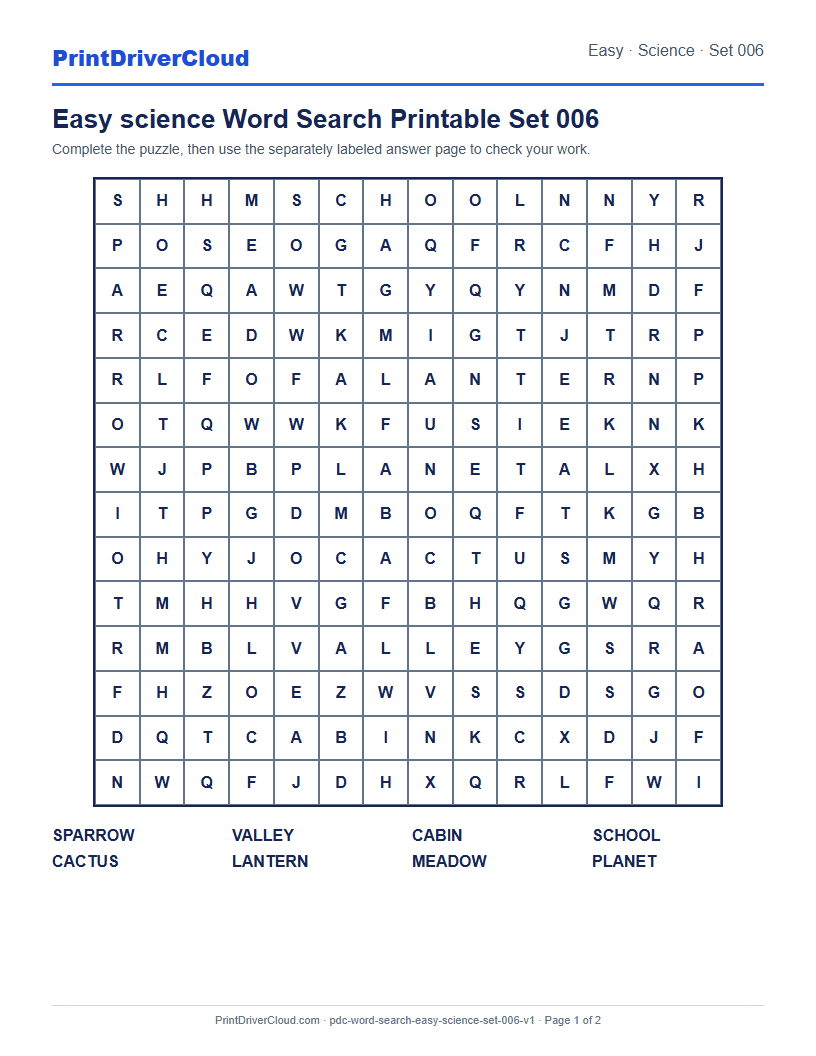 Preview of Easy science Word Search Printable Set 006
