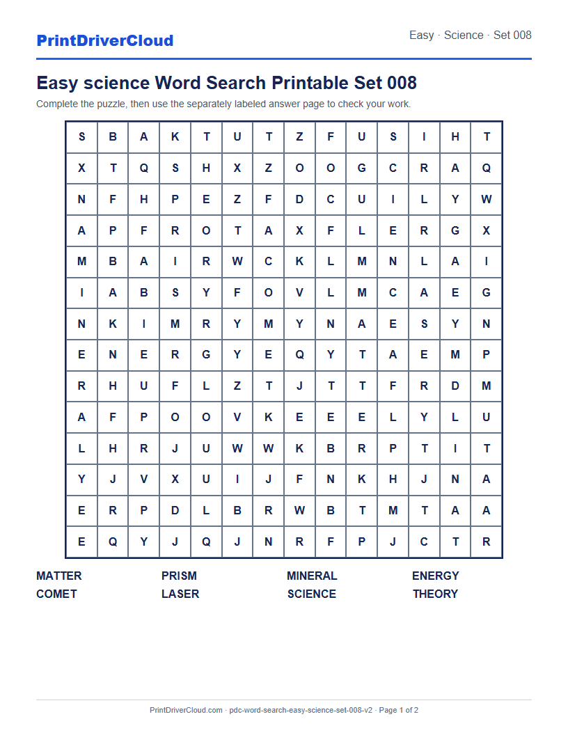 Easy Science Word Search Printable Set 008 preview