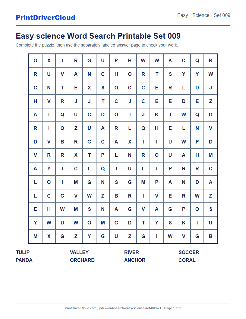 Preview of Easy science Word Search Printable Set 009