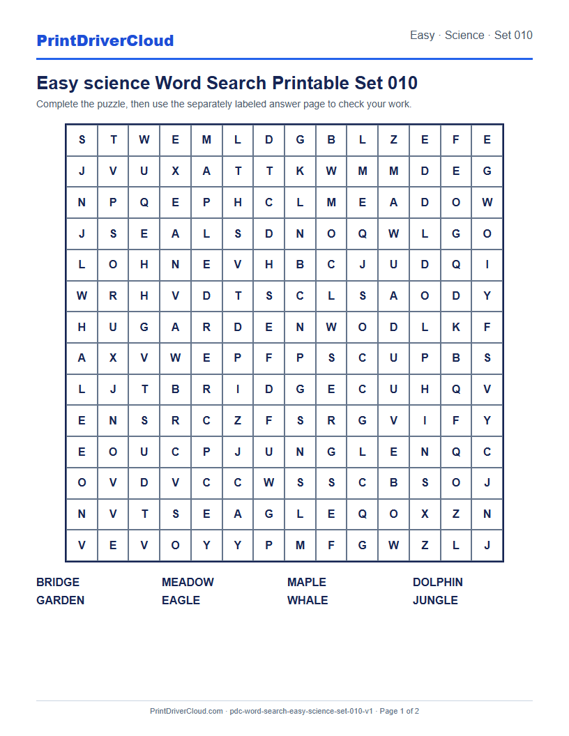 Preview of Easy science Word Search Printable Set 010
