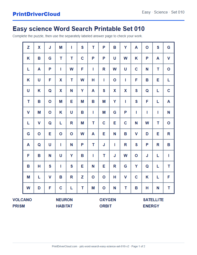 Easy Science Word Search Printable Set 010 preview