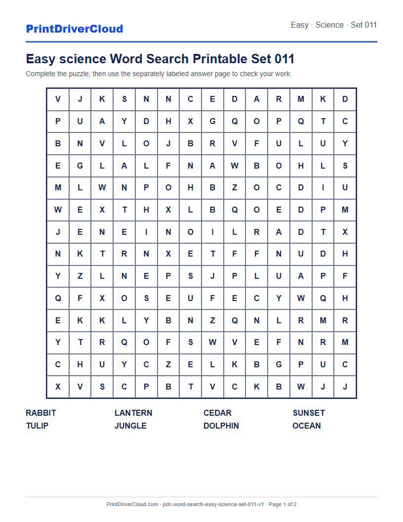 Preview of Easy science Word Search Printable Set 011