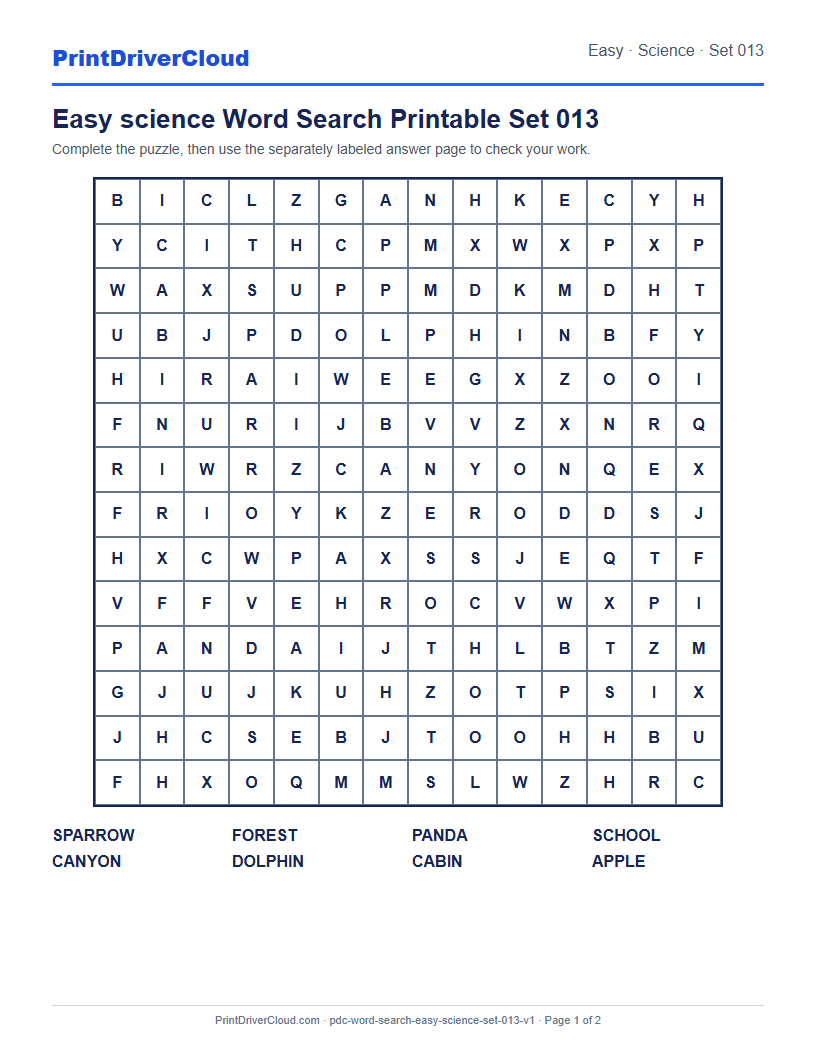 Preview of Easy science Word Search Printable Set 013