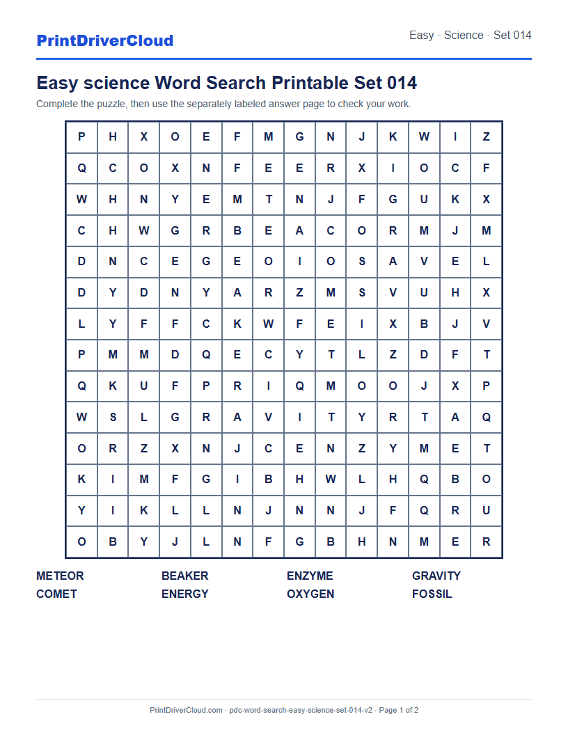 Easy Science Word Search Printable Set 014 preview