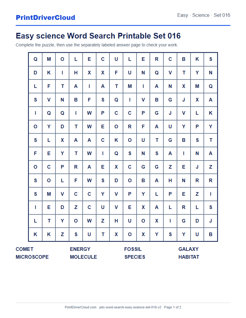 Easy Science Word Search Printable Set 016 preview