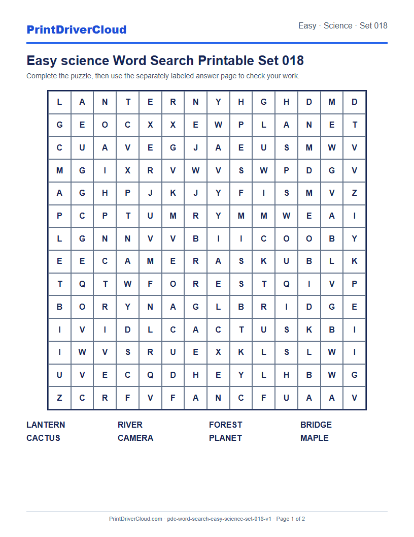 Preview of Easy science Word Search Printable Set 018