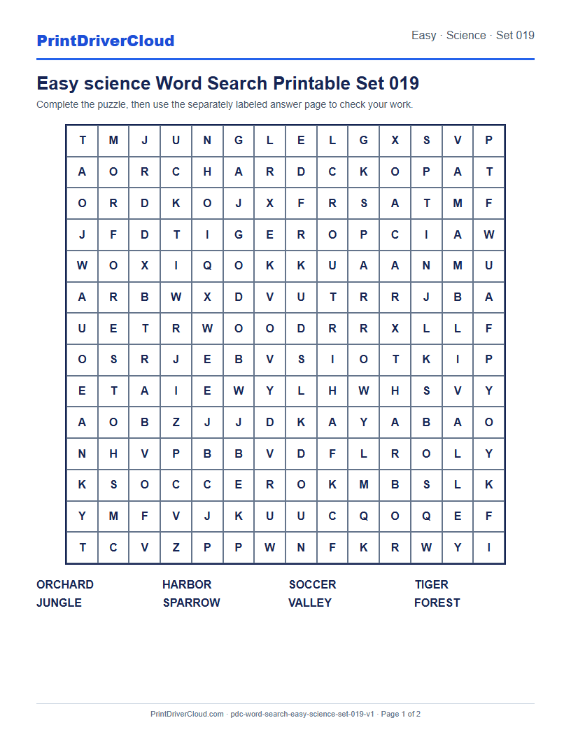 Preview of Easy science Word Search Printable Set 019
