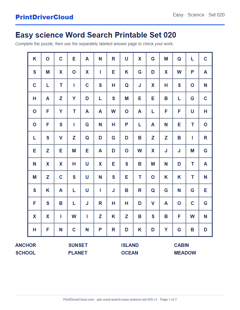 Preview of Easy science Word Search Printable Set 020