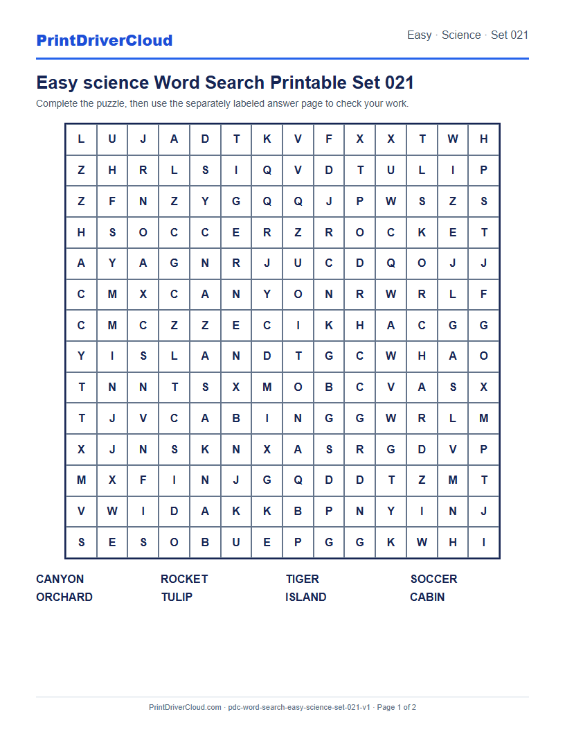 Preview of Easy science Word Search Printable Set 021