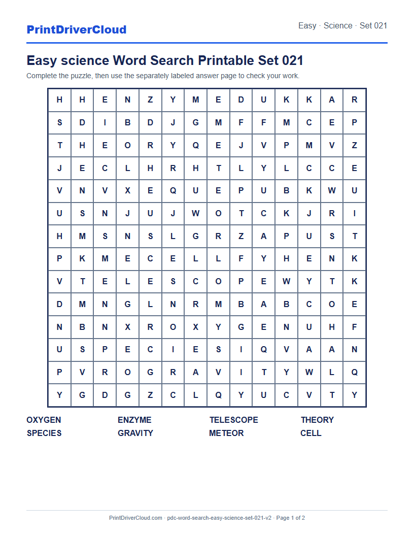Easy Science Word Search Printable Set 021 preview