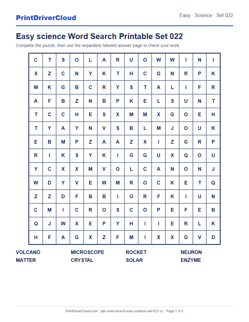 Easy Science Word Search Printable Set 022 preview