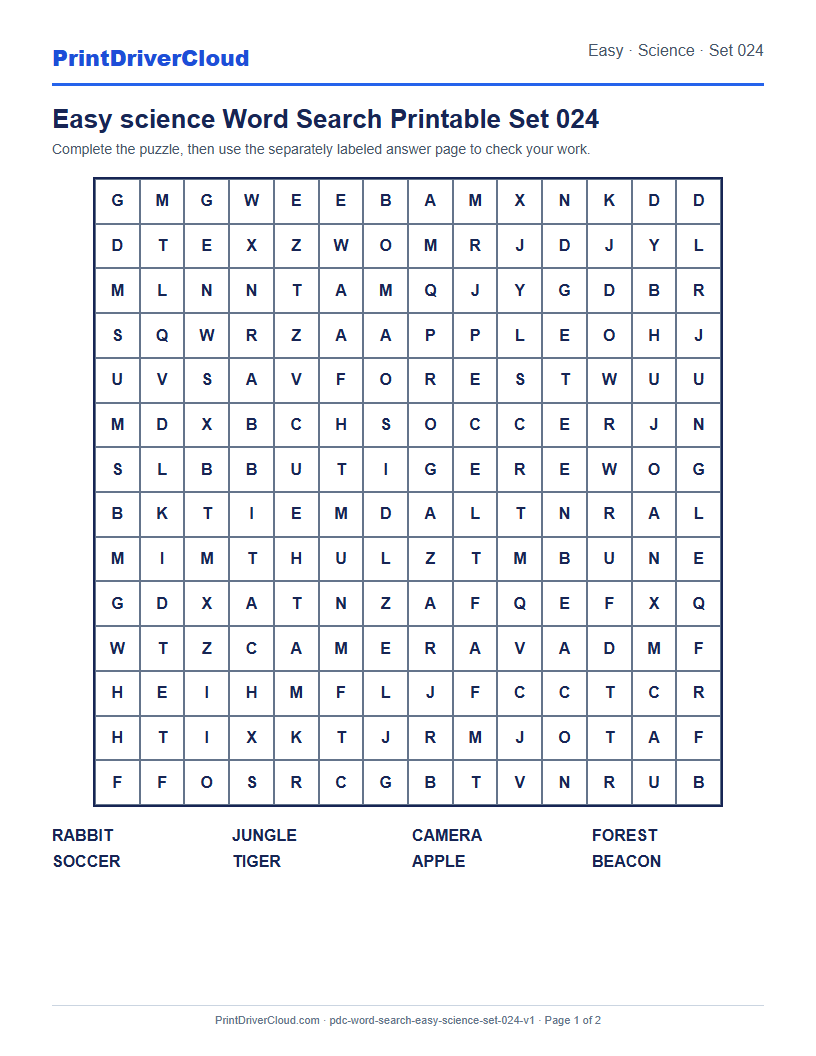 Preview of Easy science Word Search Printable Set 024