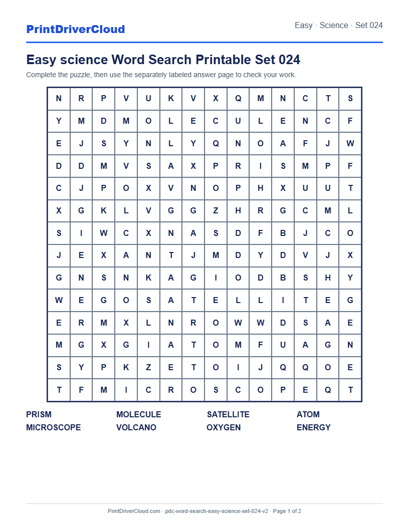 Easy Science Word Search Printable Set 024 preview