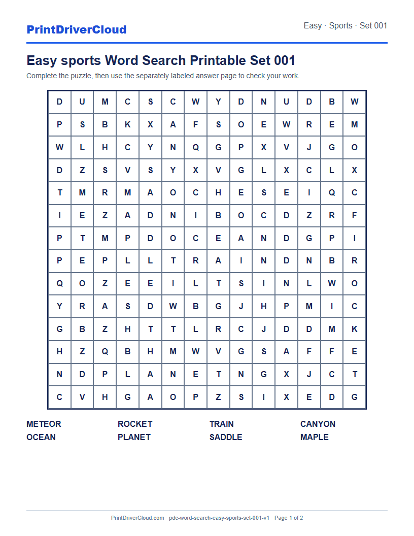 Preview of Easy sports Word Search Printable Set 001