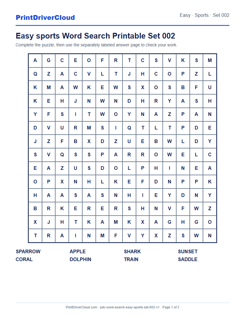 Preview of Easy sports Word Search Printable Set 002