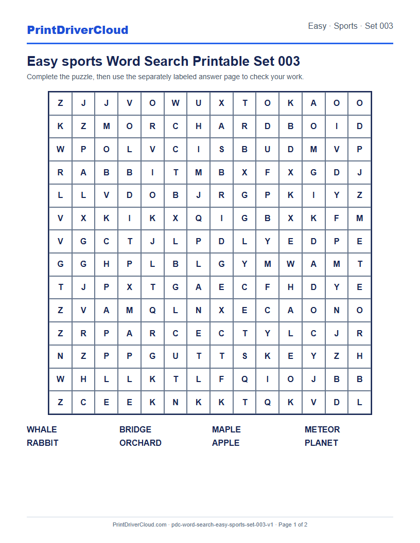 Preview of Easy sports Word Search Printable Set 003