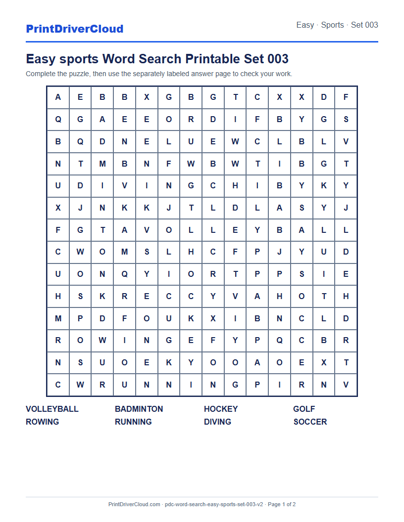 Easy Sports Word Search Printable Set 003 preview