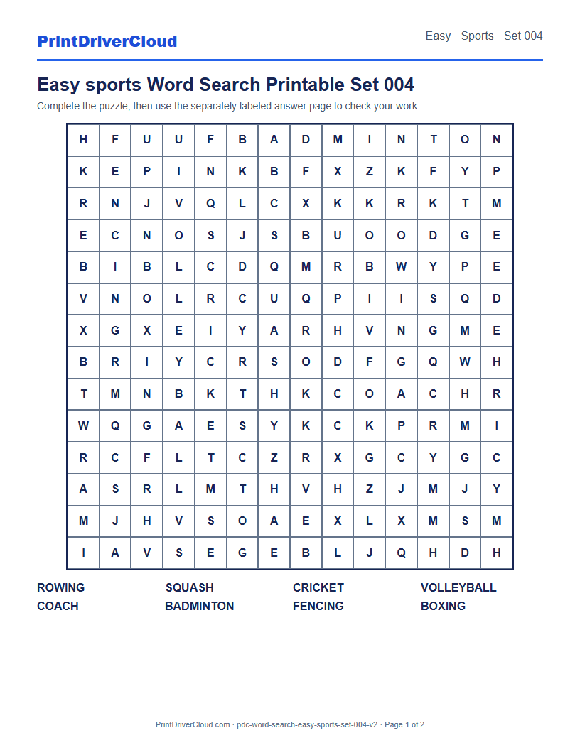 Easy Sports Word Search Printable Set 004 preview