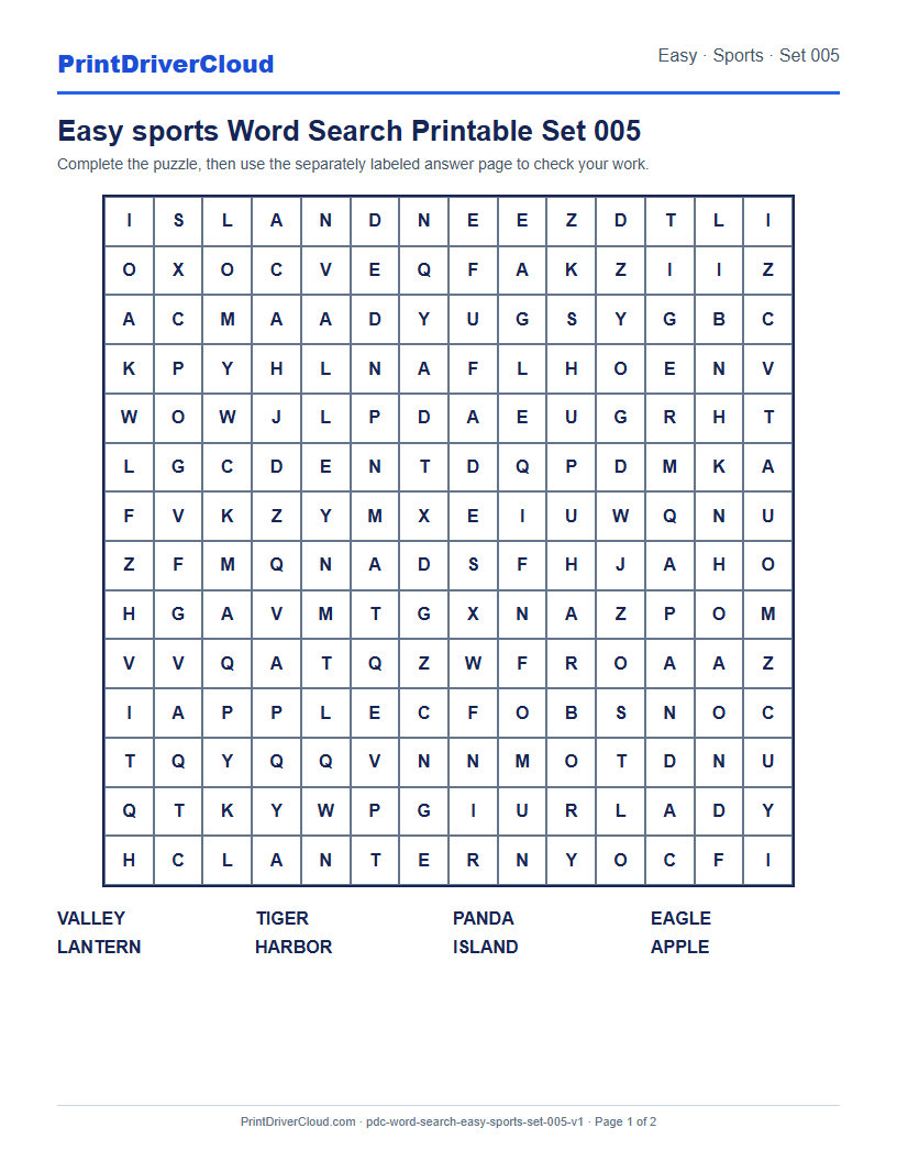 Preview of Easy sports Word Search Printable Set 005