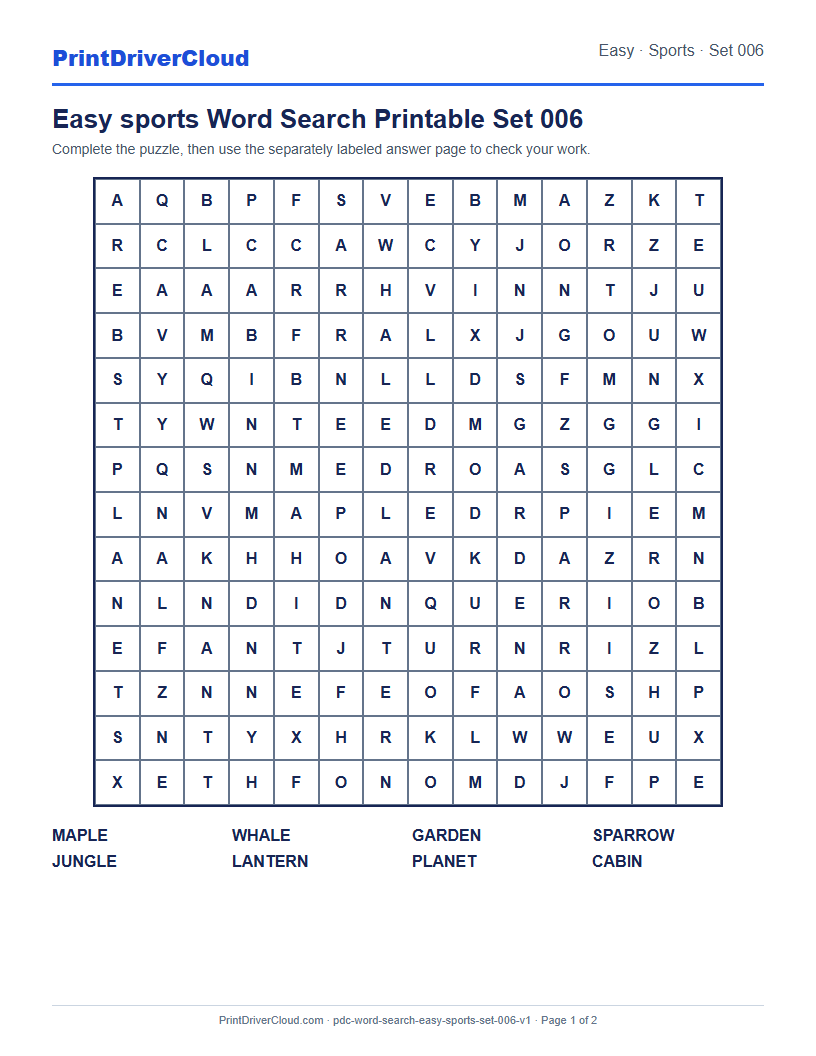 Preview of Easy sports Word Search Printable Set 006