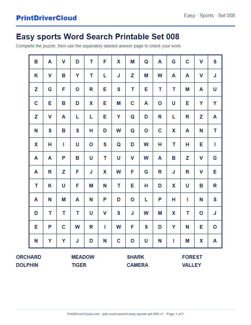 Preview of Easy sports Word Search Printable Set 008