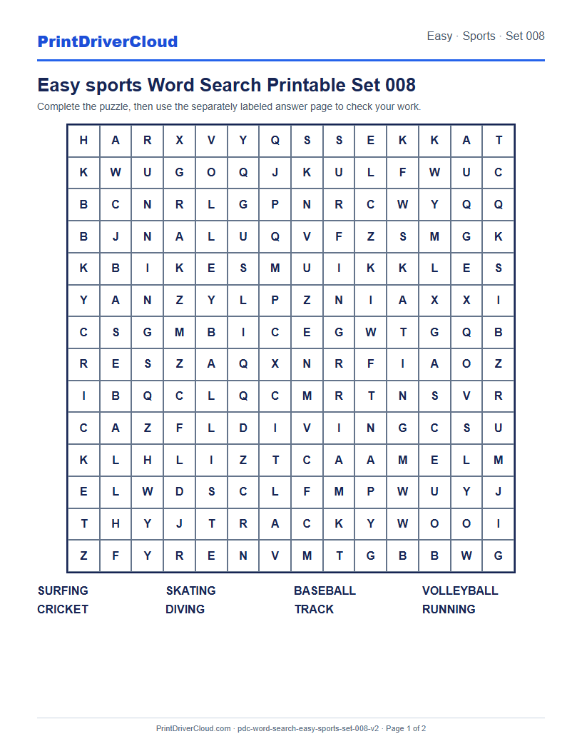 Easy Sports Word Search Printable Set 008 preview