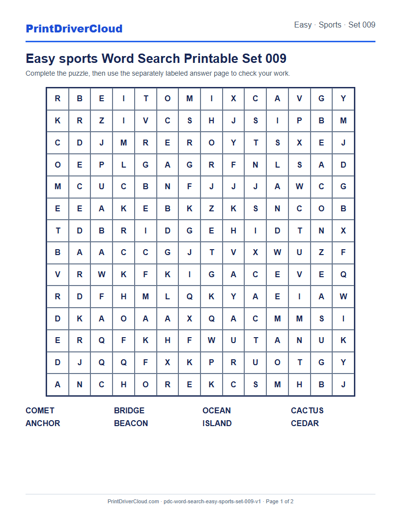 Preview of Easy sports Word Search Printable Set 009