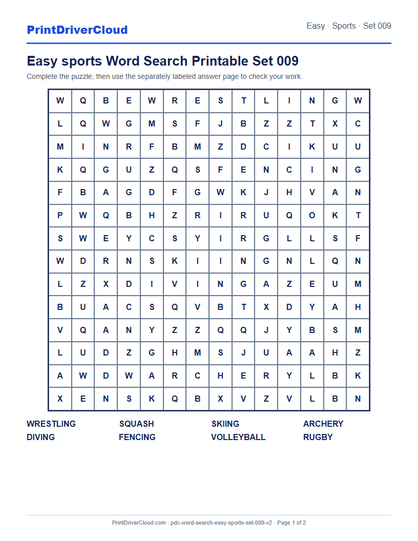 Easy Sports Word Search Printable Set 009 preview
