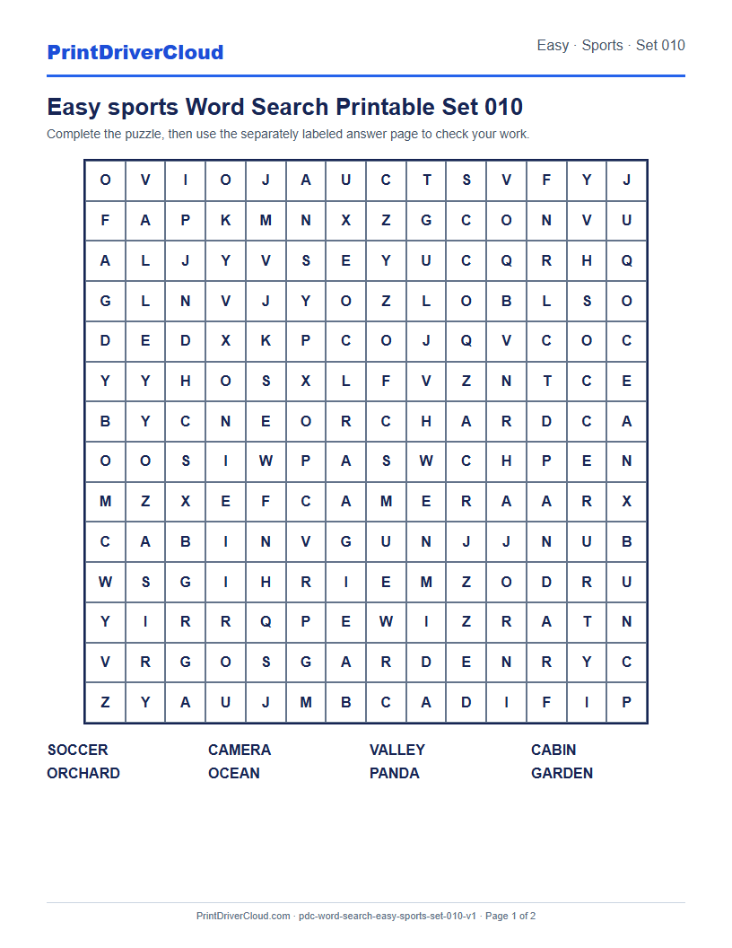 Preview of Easy sports Word Search Printable Set 010