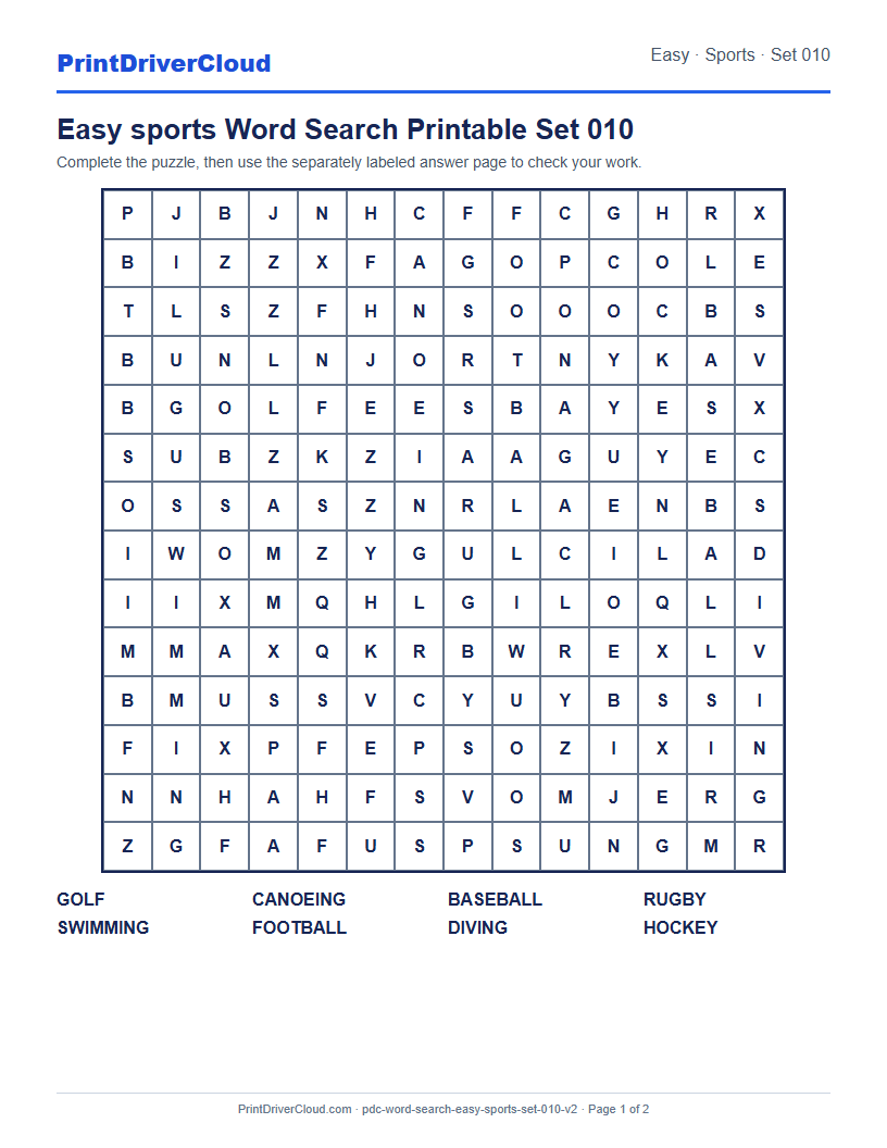 Easy Sports Word Search Printable Set 010 preview