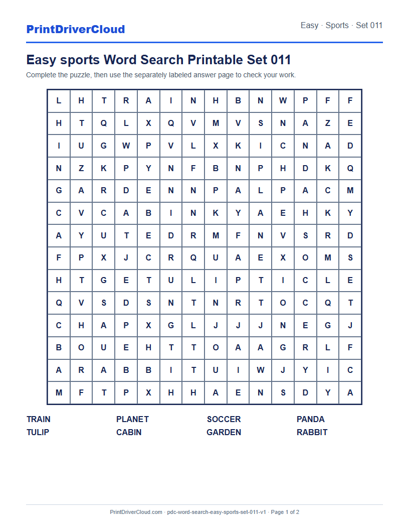 Preview of Easy sports Word Search Printable Set 011