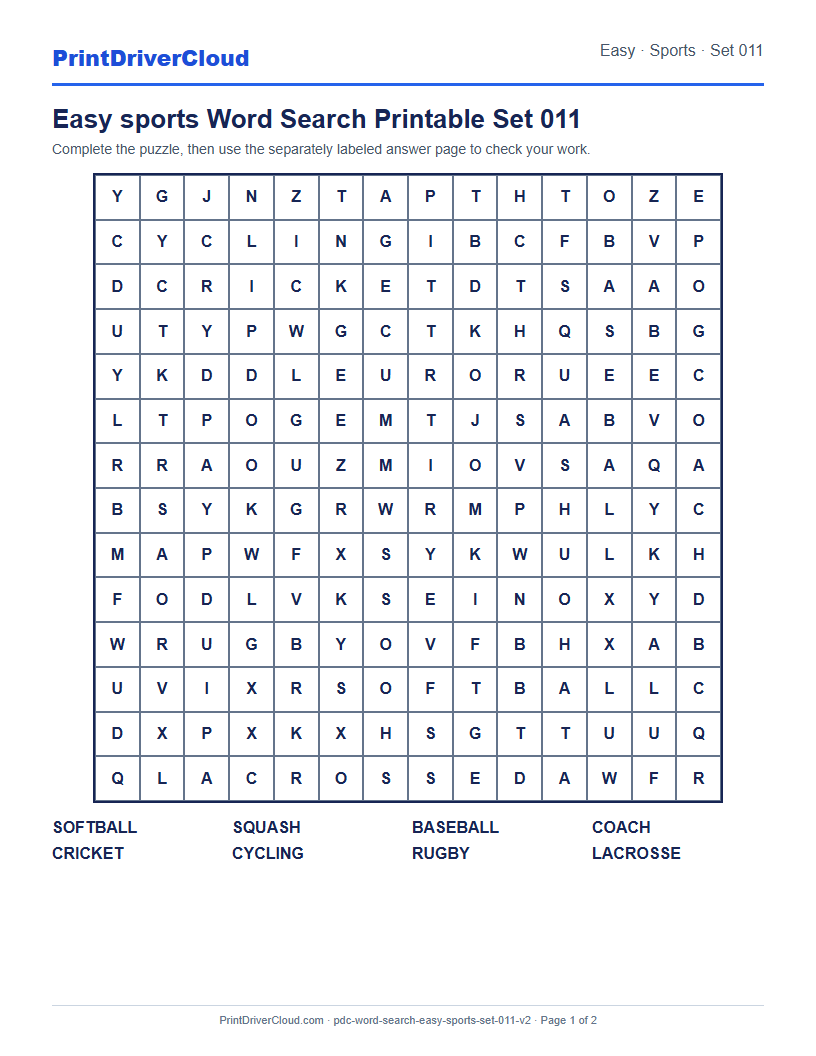 Easy Sports Word Search Printable Set 011 preview