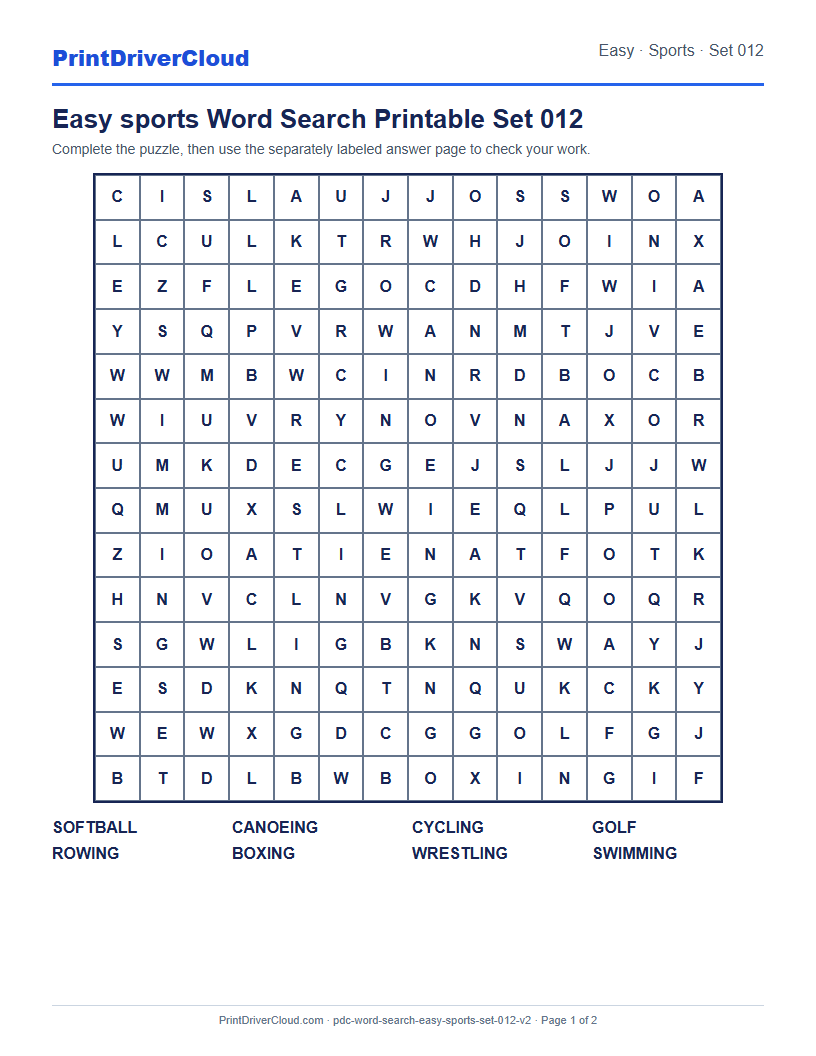 Easy Sports Word Search Printable Set 012 preview