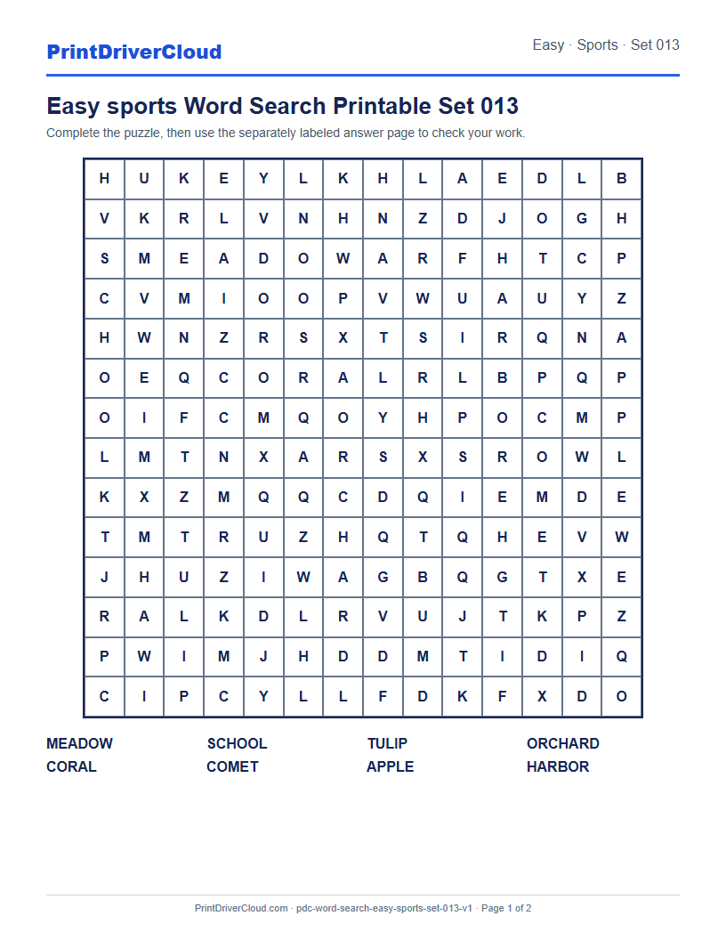 Preview of Easy sports Word Search Printable Set 013