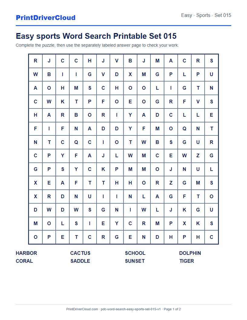 Preview of Easy sports Word Search Printable Set 015