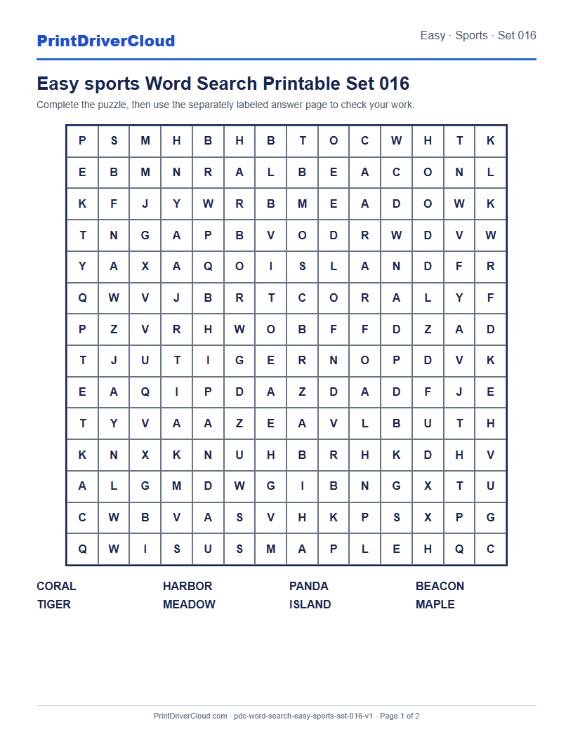 Preview of Easy sports Word Search Printable Set 016